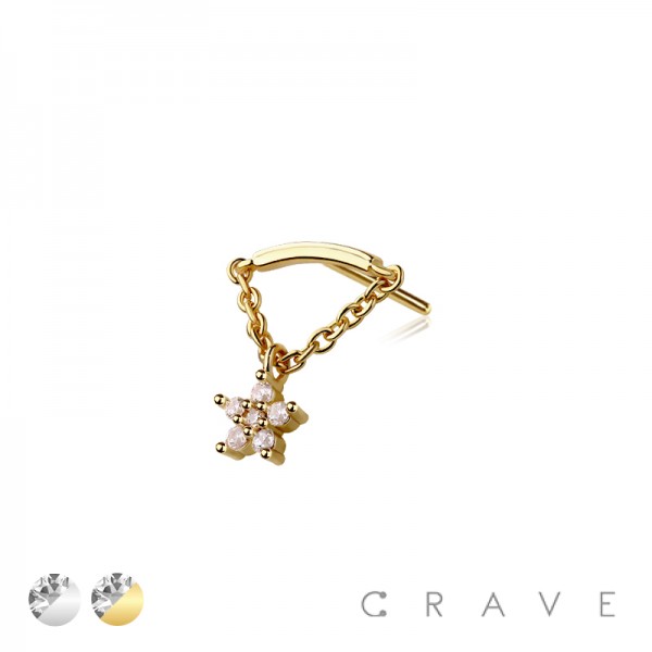 316L SURGICAL STEEL THREADLESS PUSH IN FLOWER ROUND BEZEL CHAIN DANGLE DANGLE CZ TOP PART